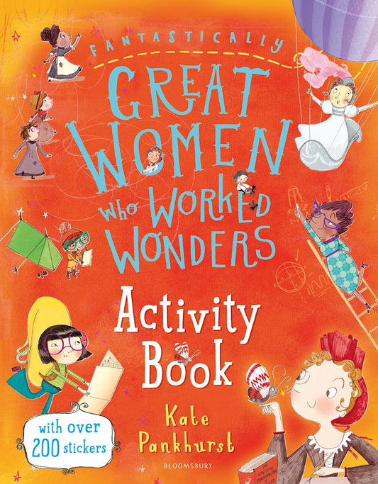 Activity book cover with illustrations of women and text on an orange background