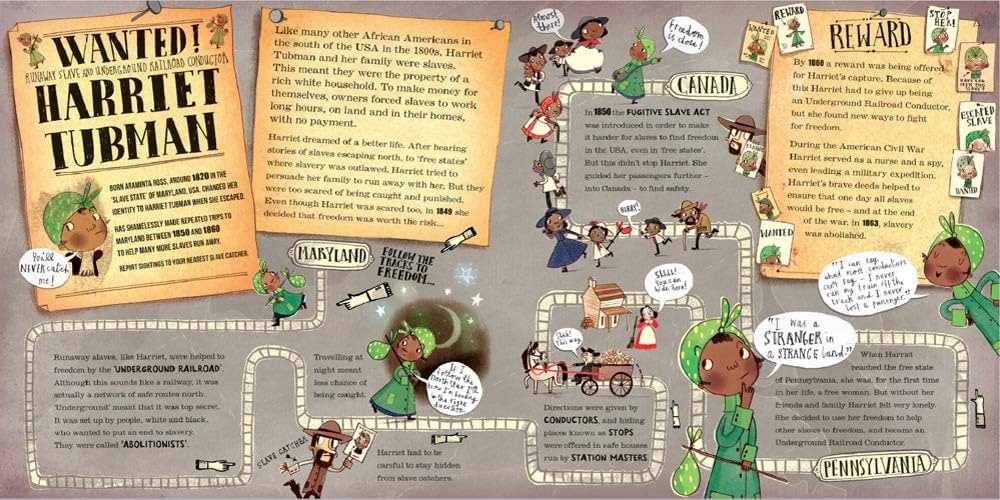Illustrated poster of Harriet Tubman with various characters and text elements.
