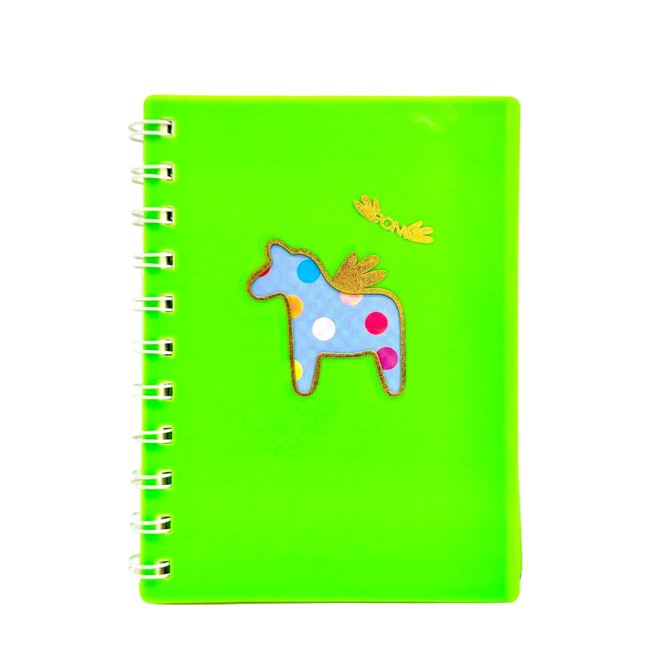 Green notebook with a colorful horse design on a white background