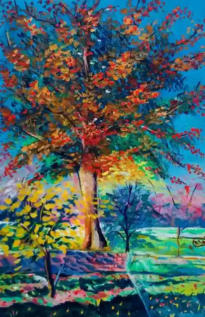 Colorful impressionistic painting of a large autumn tree with red, orange, yellow, and green leaves against a bright blue sky, with smaller trees and a grassy landscape below.