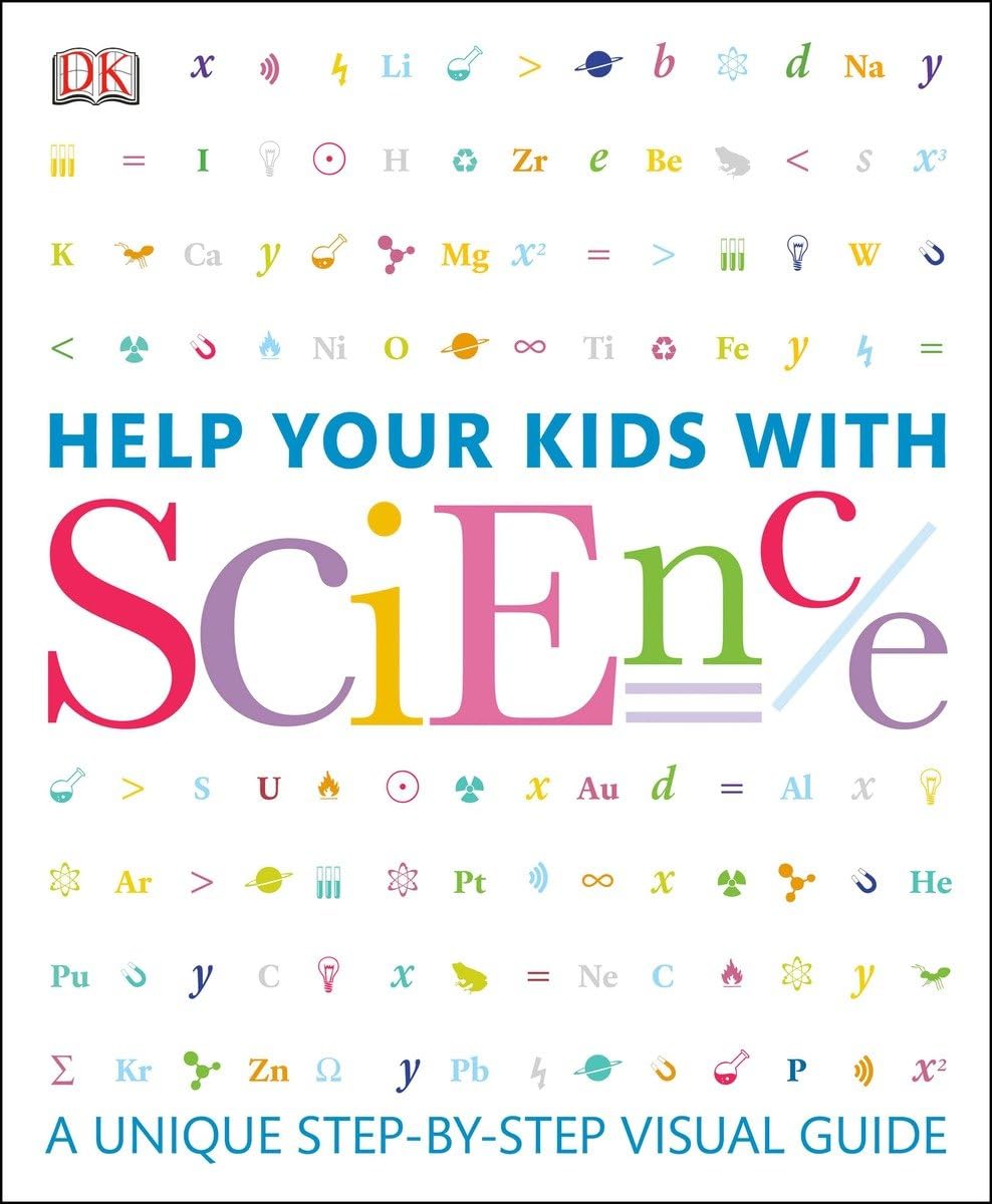 Book cover of 'Help Your Kids with Science' by DK, featuring colorful letters and symbols.