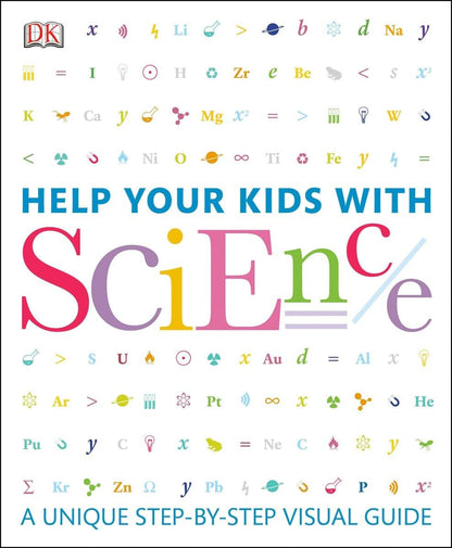 Book cover of 'Help Your Kids with Science' by DK, featuring colorful letters and symbols.