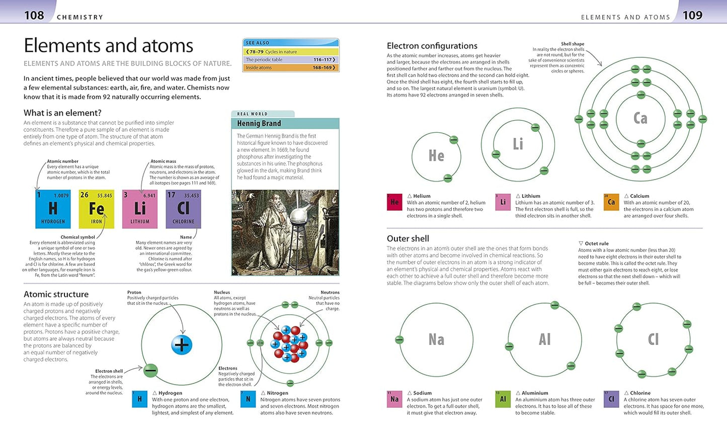 Educational page about elements and atoms with diagrams and text.