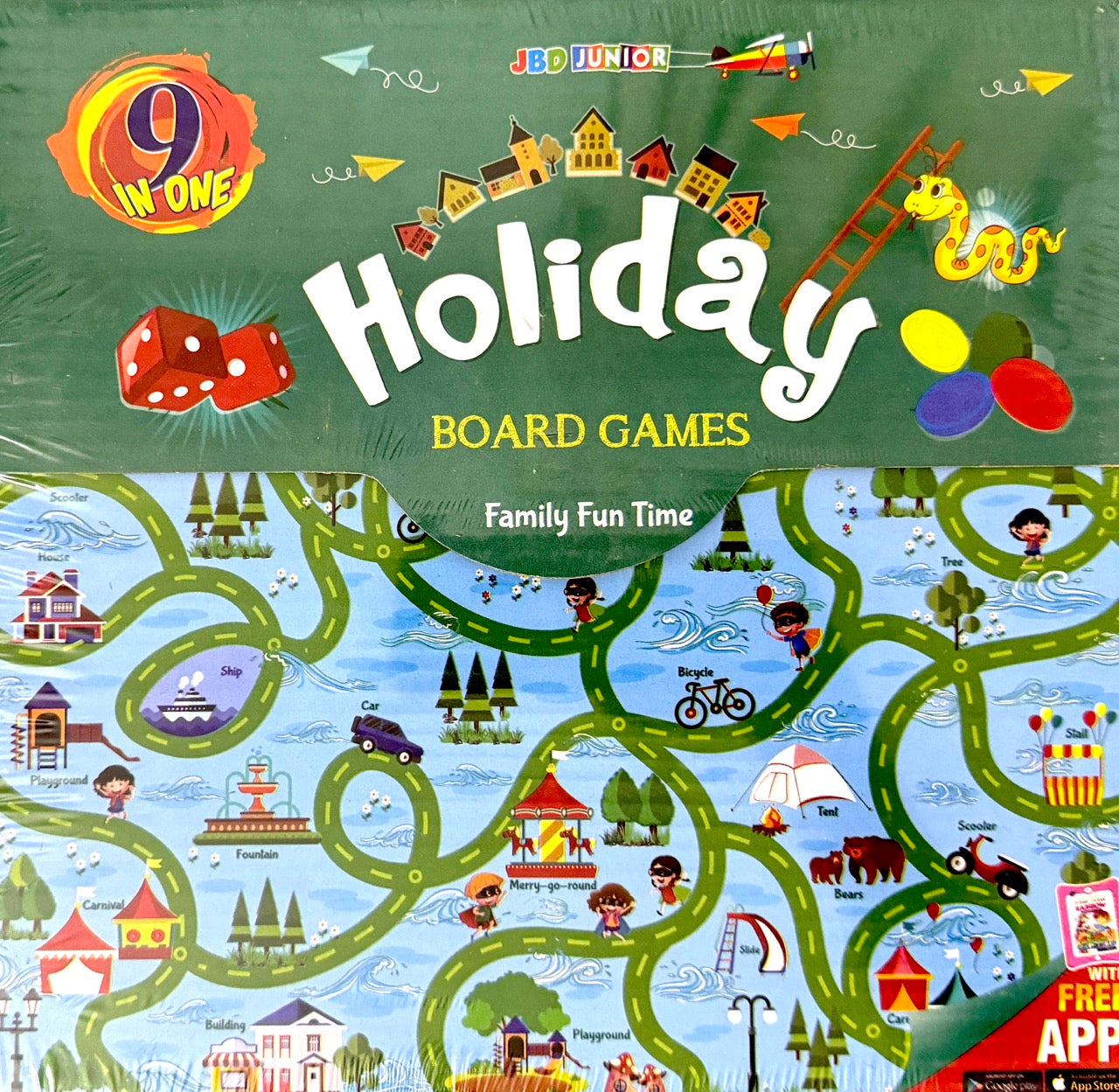 Board game packaging with colorful illustrations and text on a green background