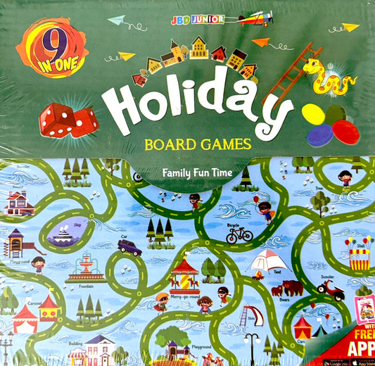 Board game packaging with colorful illustrations and text on a green background