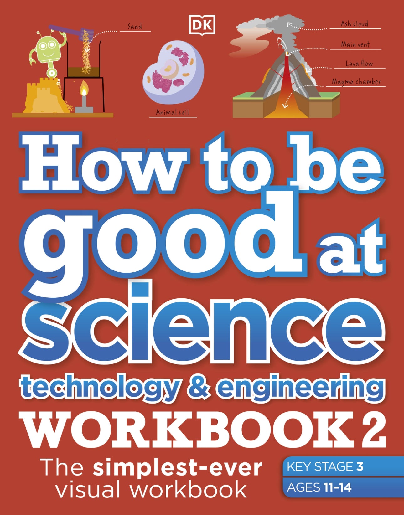 Book cover of 'How to be Good at Science, Technology & Engineering Workbook 2' with educational illustrations on a red background.