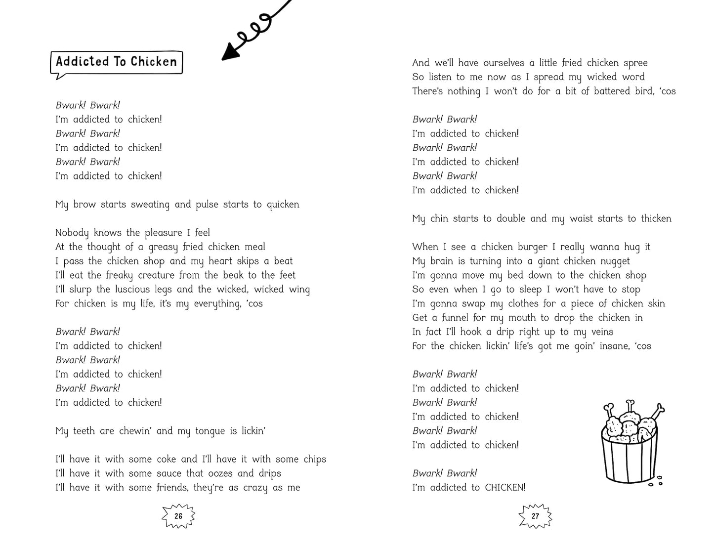 Page from a book or magazine with text and a cartoon chicken illustration on a white background.