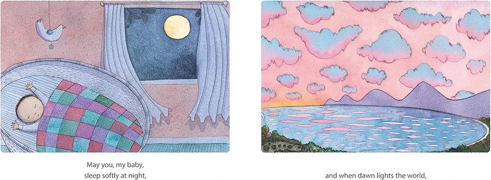 Illustration of a baby sleeping in a crib with a night sky and a landscape at dawn.