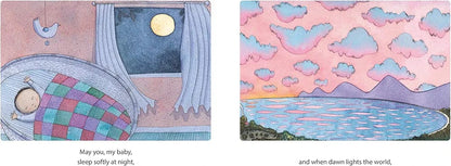 Illustration of a baby sleeping in a crib with a night sky and a landscape at dawn.