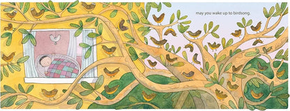 Illustration of a child sleeping by a window with birds perched on a tree branch.
