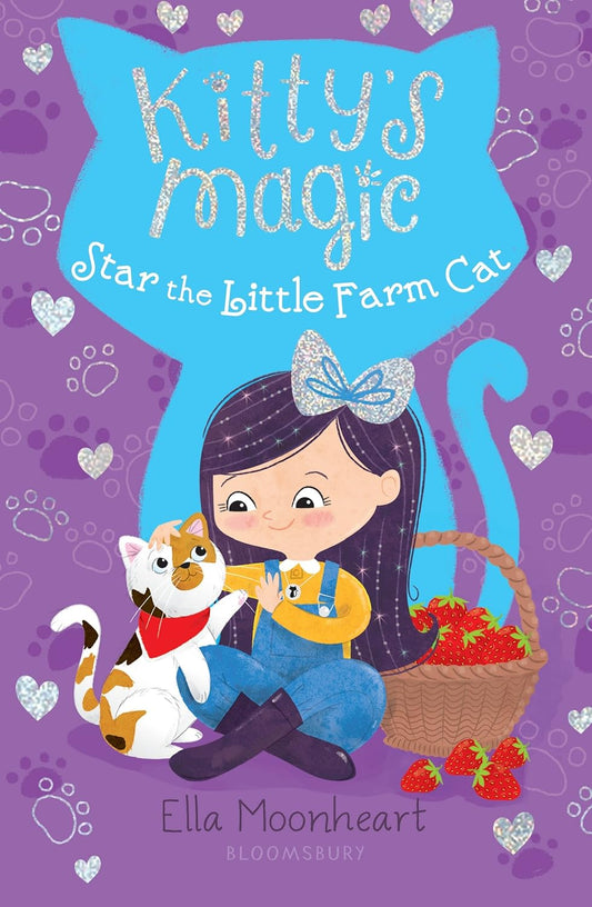 Book cover of 'Kitty's Magic: Star the Little Farm Cat' with a girl and cat on a purple background.