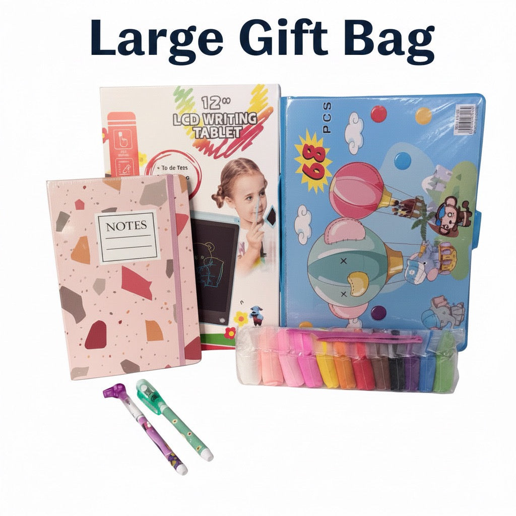Large gift bag with stationery items including a notebook, LED writing tablet, and markers on a white background.