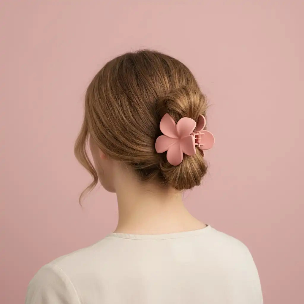 Person with a pink flower hair clip in their hair against a pink background