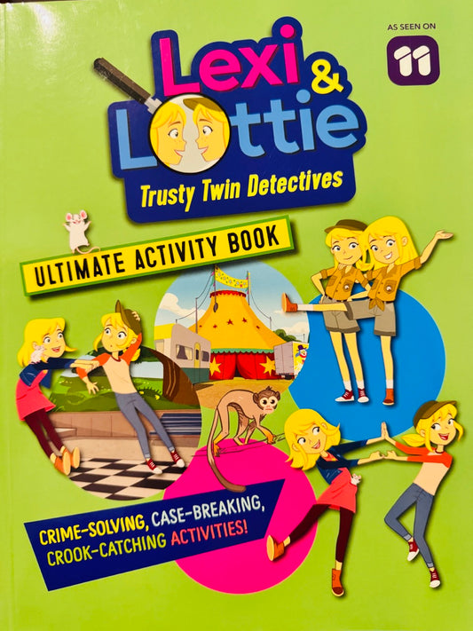 Activity book cover featuring Lexi and Lottie, Trusty Twin Detectives, with colorful illustrations on a green background.