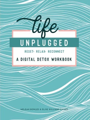 Digital detox workbook cover with text 'Life Unplugged' on a teal background