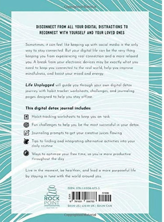 Back cover of a book with text about digital detox and habit tracking, featuring a geometric design.