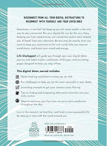 Back cover of a book with text about digital detox and habit tracking, featuring a geometric design.