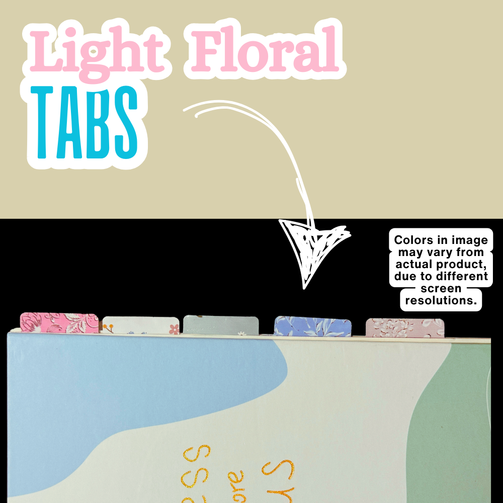 floral tab stickers dividing sections of a notebook with the statement 'colors in image may vary from actual, product, due to different screen resolution.'
