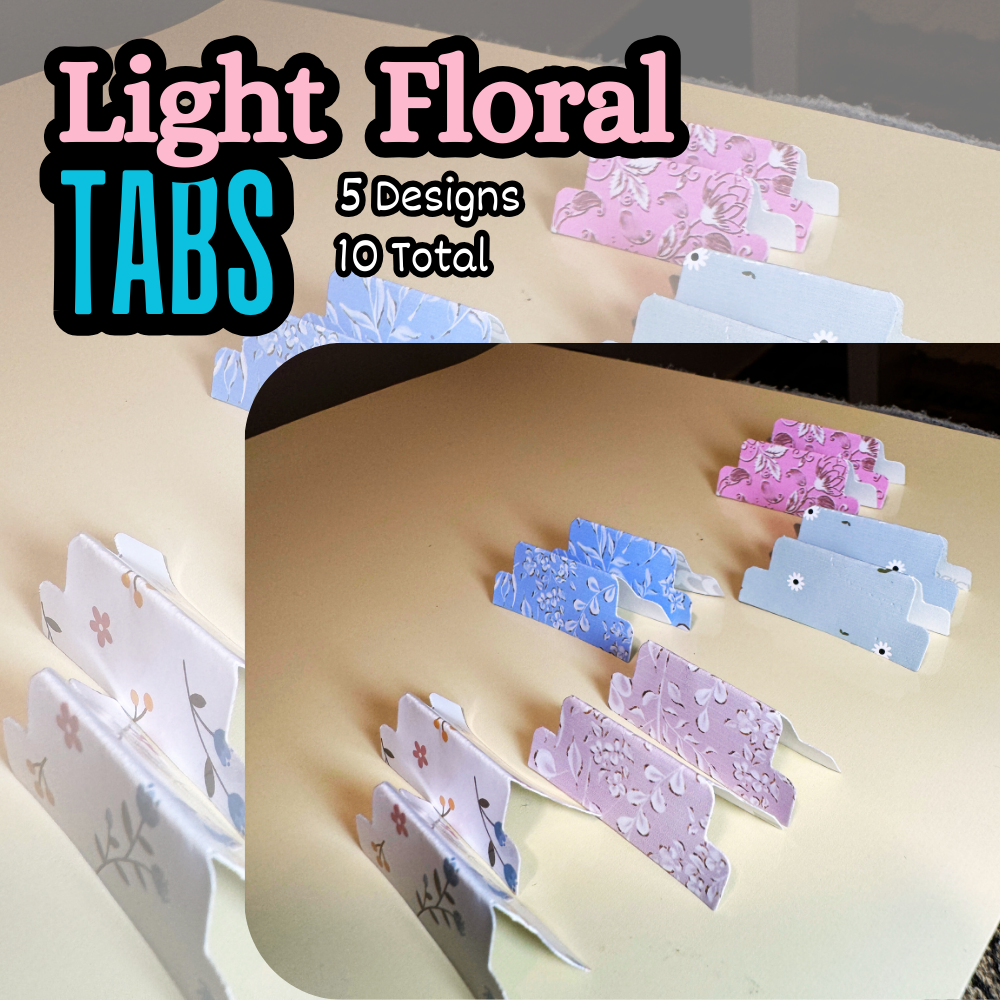 A collection of colorful sticker tabs with floral designs, labeled 'Light Floral Tabs' and '10 Total', displayed on a table.