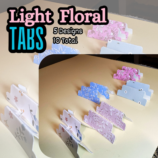 A collection of colorful sticker tabs with floral designs, labeled 'Light Floral Tabs' and '10 Total', displayed on a table.