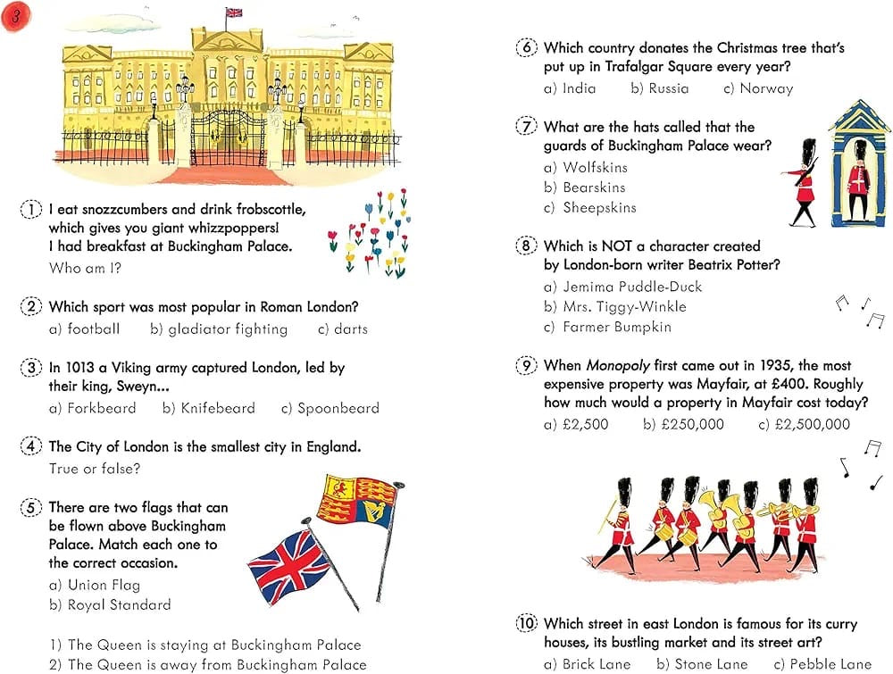 Educational page with questions and illustrations related to Buckingham Palace and London, featuring a cartoon of guards and flags.