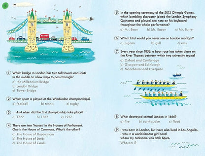 Educational page with questions and answers about London, including a cartoon bridge.