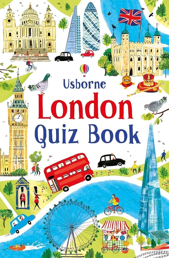 Cover of 'London Quiz Book' by Usborne with illustrations of London landmarks.