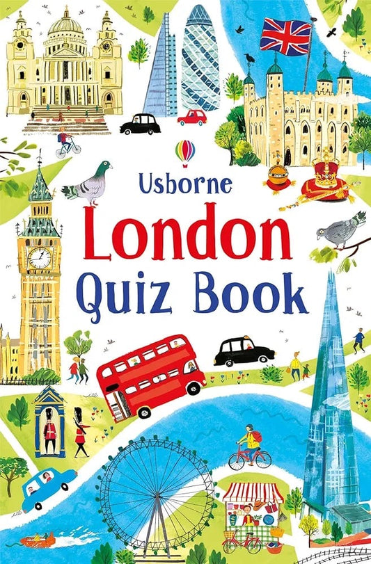 Cover of 'London Quiz Book' by Usborne with illustrations of London landmarks.