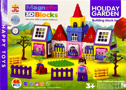 Box of Happy Toys Magnetic 3D Blocks Holiday Garden set with colorful houses and trees on a grassy background.