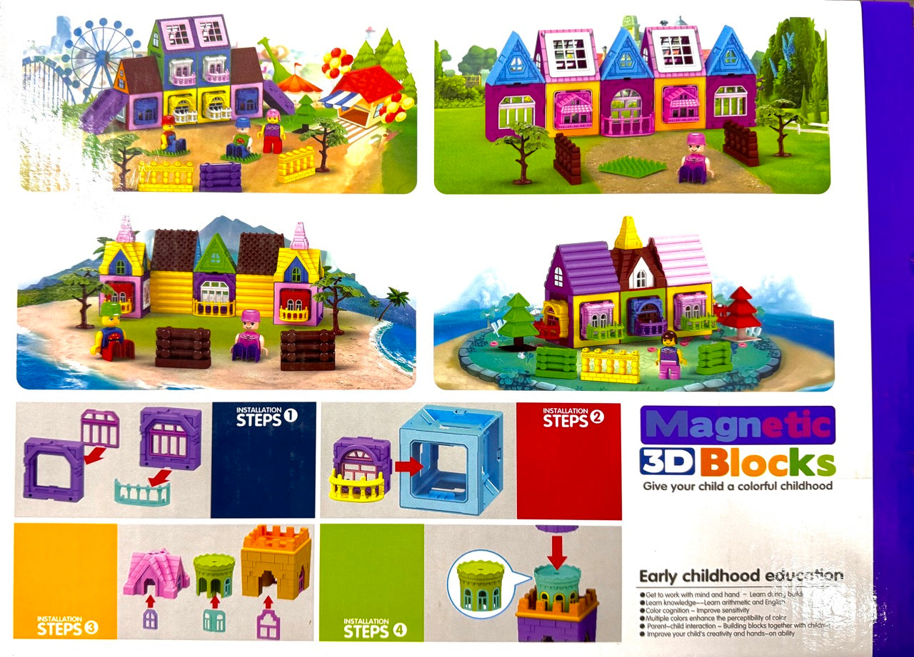 Colorful magnetic 3D blocks packaging with toy houses and educational text.