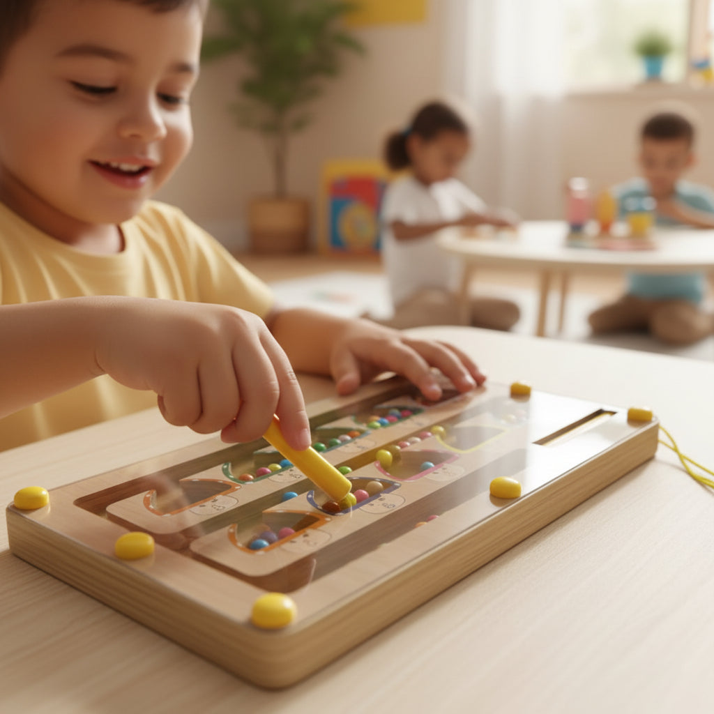 Child playing with a wooden educational toy in a classroom setting