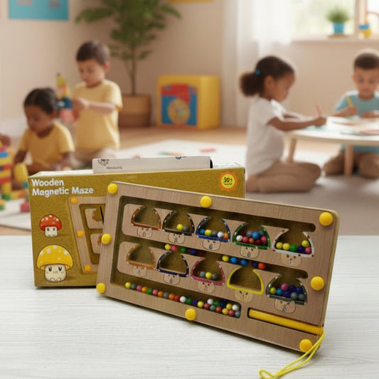 Wooden magnetic maze toy with packaging on a table, children playing in the background