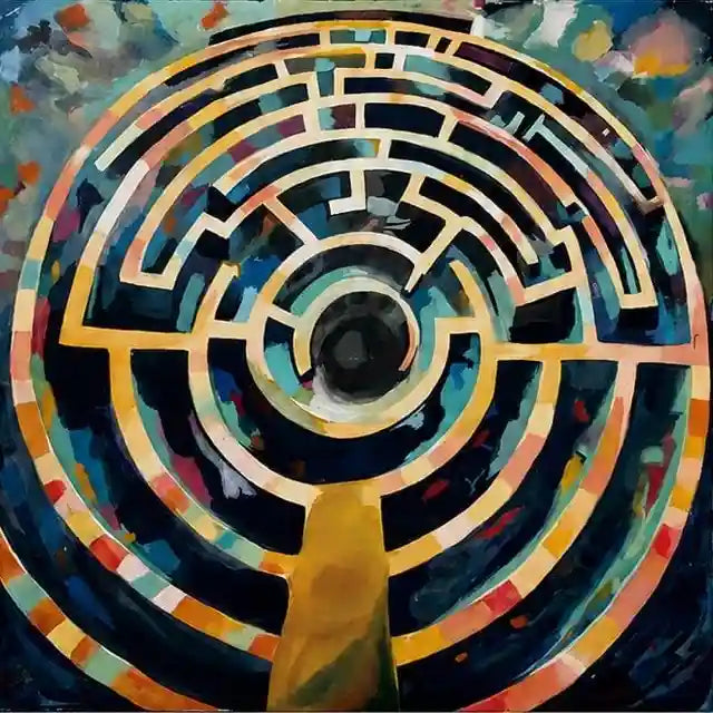 Abstract painting of a spiral maze with concentric circular patterns in black, gold, teal, blue, orange, and white, with a dark central void and a yellow-green form at the bottom.