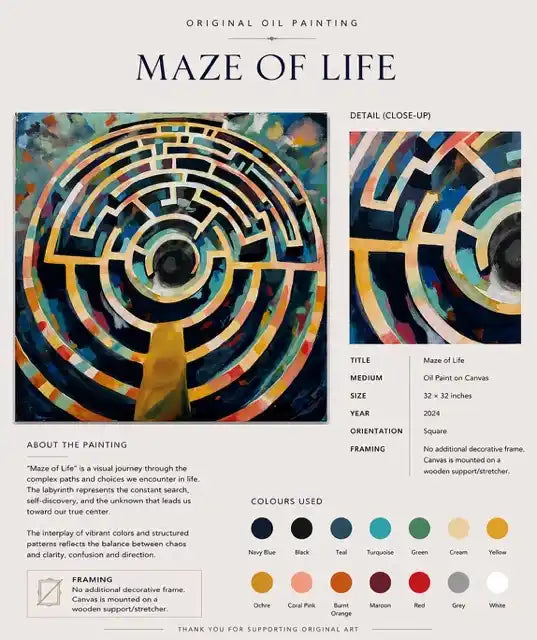 An art print or poster preview for an original oil painting titled 'MAZE OF LIFE'. The image shows the painting itself twice: a full view on the left and a close-up detail on the right.