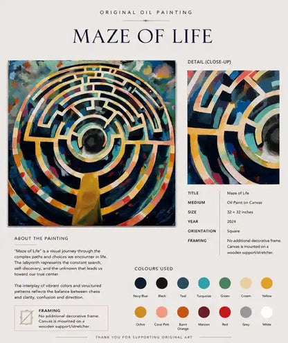 An art print or poster preview for an original oil painting titled 'MAZE OF LIFE'. The image shows the painting itself twice: a full view on the left and a close-up detail on the right.