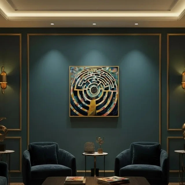 A framed abstract painting with concentric maze-like circular patterns in blue, gold, and cream tones, displayed on a dark teal wall in a modern living room setting with two blue armchairs and warm wall sconces.