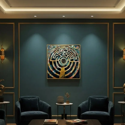 A framed abstract painting with concentric maze-like circular patterns in blue, gold, and cream tones, displayed on a dark teal wall in a modern living room setting with two blue armchairs and warm wall sconces.