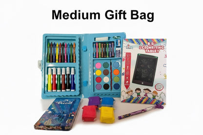 Medium gift bag with art supplies including crayons, markers, and a digital tablet on a white background.
