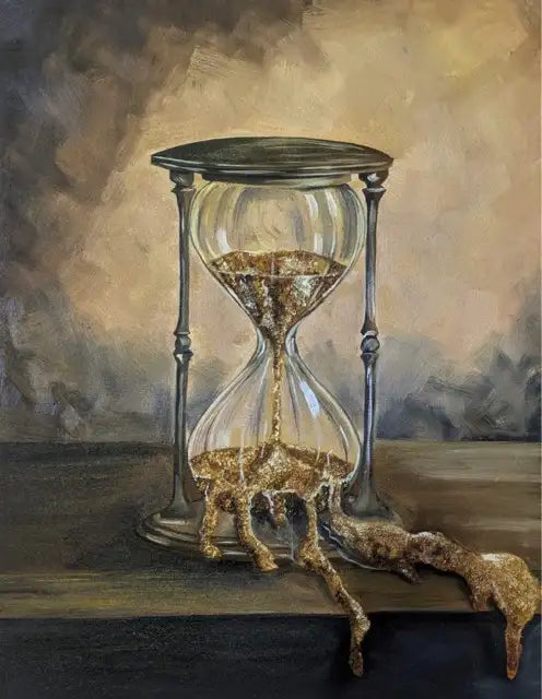 A still life painting of an hourglass with gold-toned sand dripping from the bulb, set on a dark tabletop against a smoky beige and brown background.