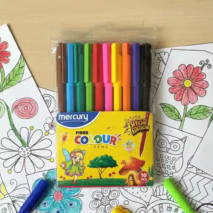 Pack of colorful pens with a coloring book featuring floral designs on a wooden surface.