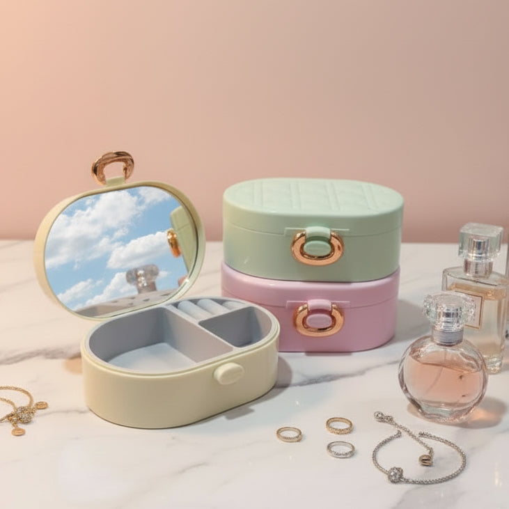 Round jewelry organizer with mirror, pink and green containers, and perfume bottles on a light surface.