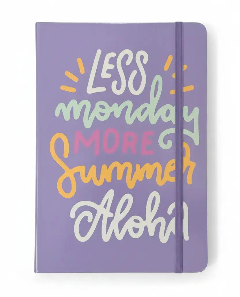 Purple notebook with colorful text design on a white background