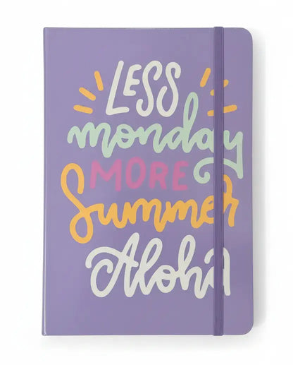 Purple notebook with colorful text design on a white background