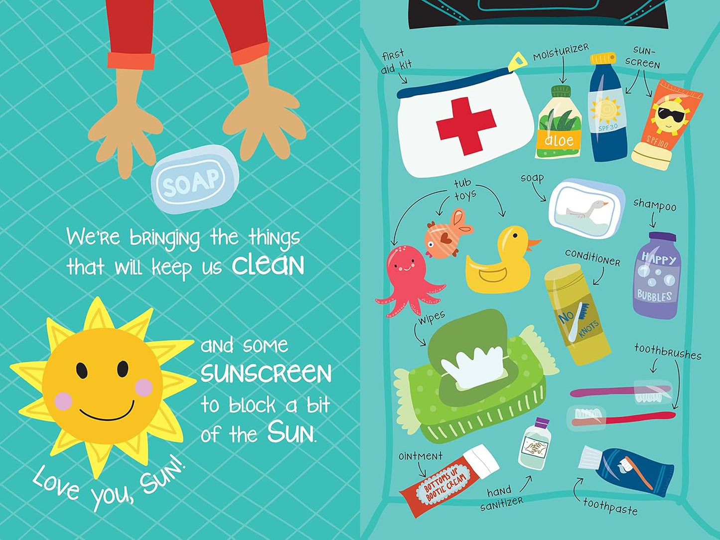 Illustrated children's book page with cleaning supplies and sun, on a blue background.