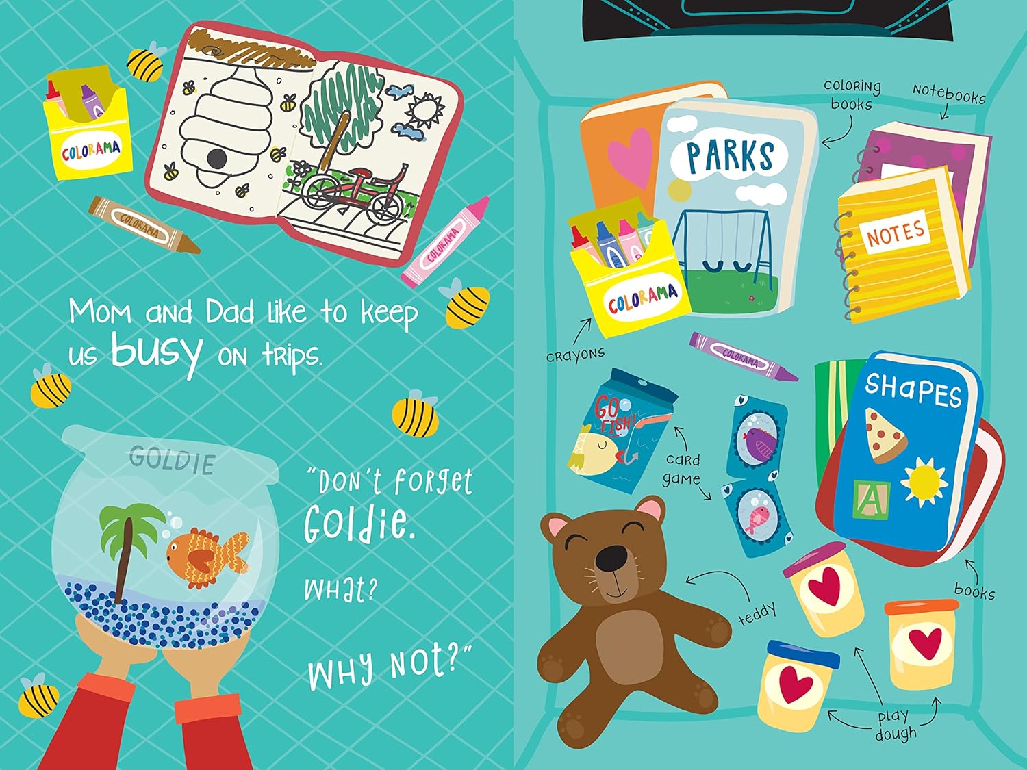 Illustrated children's book page with educational items and a teddy bear on a teal background.