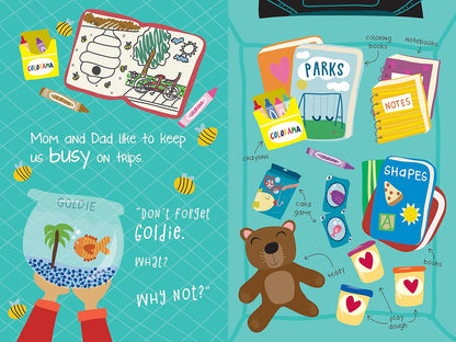 Illustrated children's book page with educational items and a teddy bear on a teal background.