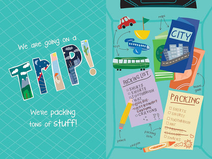 Illustrated travel-themed book cover with packing list and cityscape design on a teal background