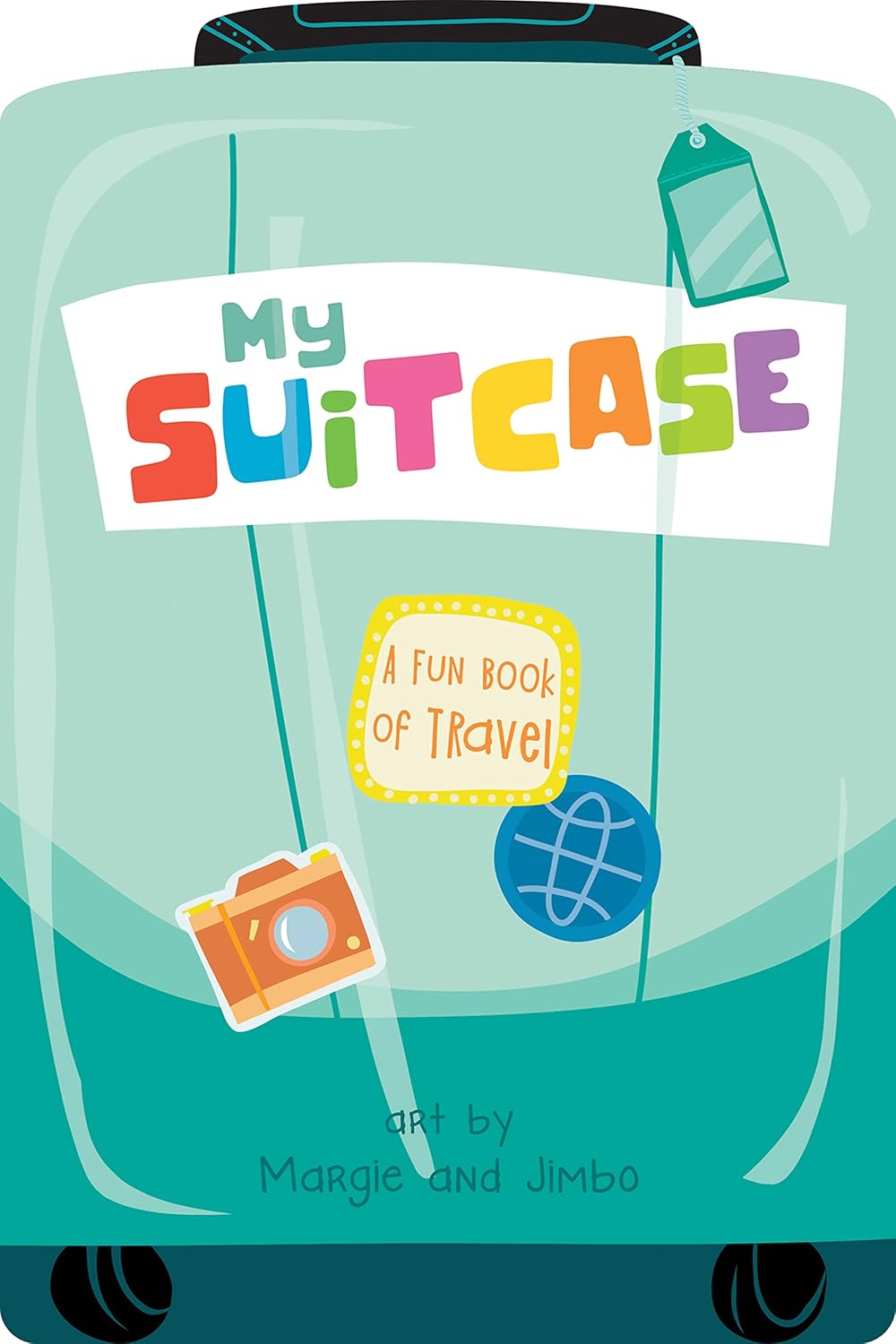 Children's book cover titled 'My Suitcase' with colorful text and travel-themed graphics on a teal suitcase background.