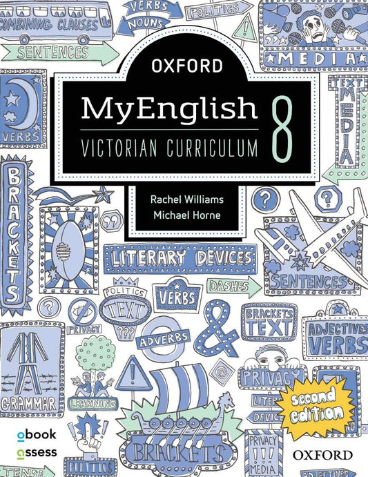 Book cover of 'MyEnglish 8' by Oxford with educational design elements.