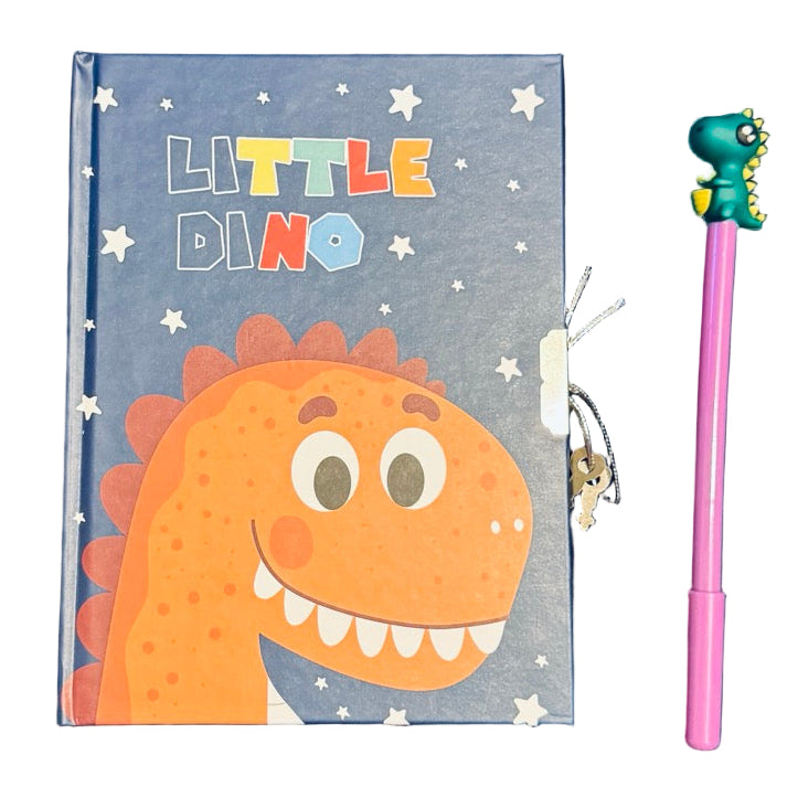 Children's notebook with dinosaur design and a pen on a white background